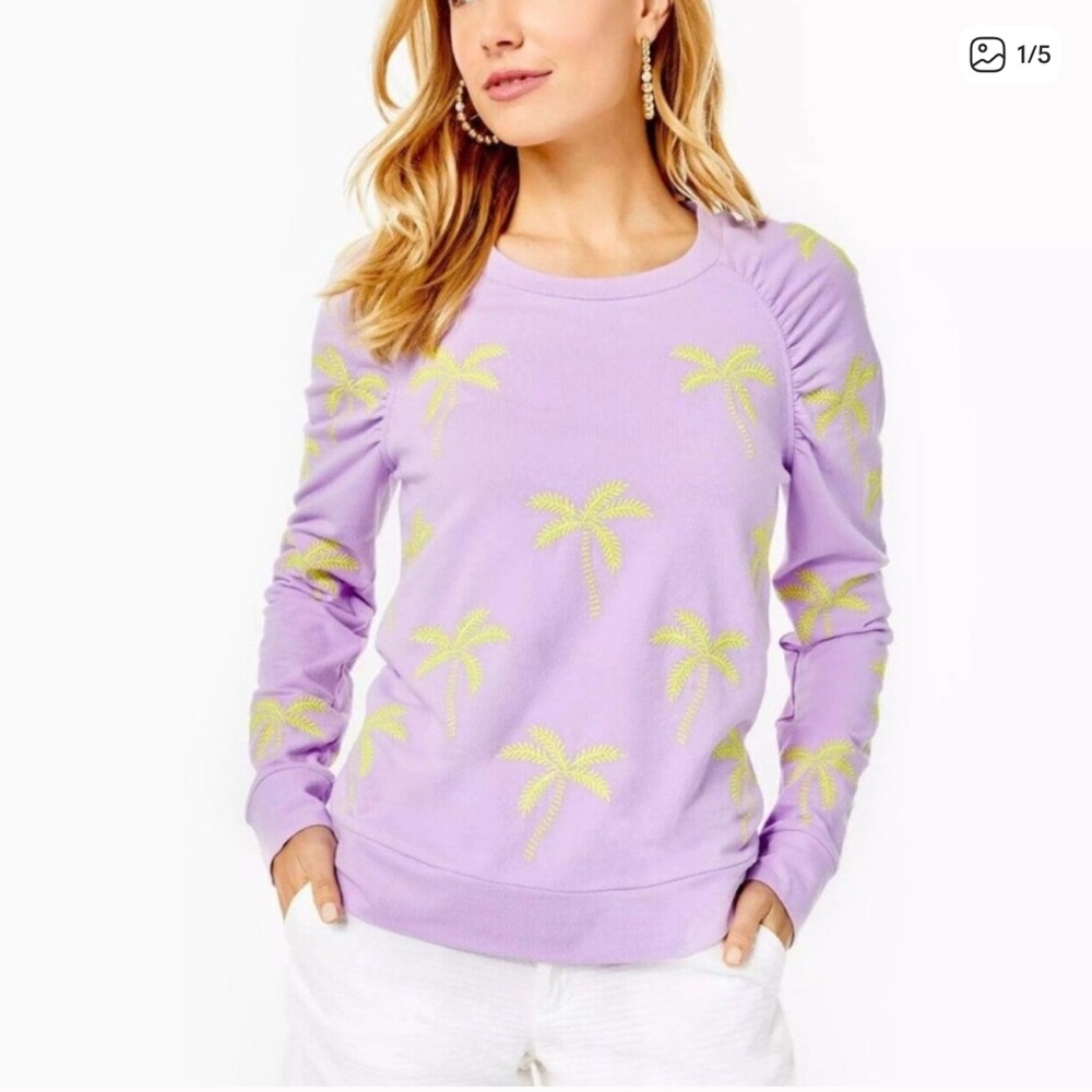 Lilly Pulitzer Aldean Embroidered Palm Tree Sweatshirt Purple Large‎